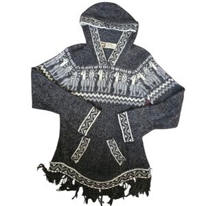 Kimar Enterprises 100% Baby Alpaca Hooded Sweater Gray Fringe S